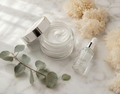 Skincare jar and serum bottle with eucalyptus